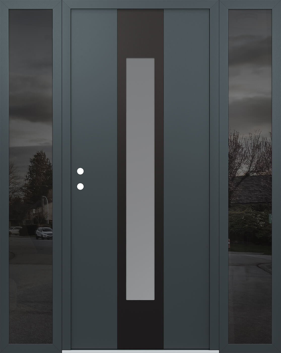 Modern Steel Front Door DIAMOND A1 68" X 80" ANTHRACITE/ANTHRACITE FROSTED GLASS PANEL BLACK RHI WITH 2 SIDELITES MIRRORED GLASS