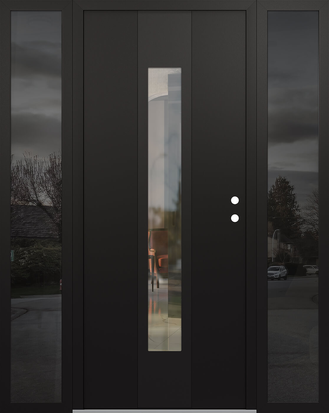 Modern Steel Front Door DIAMOND A1 68" X 80" BLACK/BLACK CLEAR GLASS PANEL BLACK LHI WITH 2 SIDELITES MIRRORED GLASS