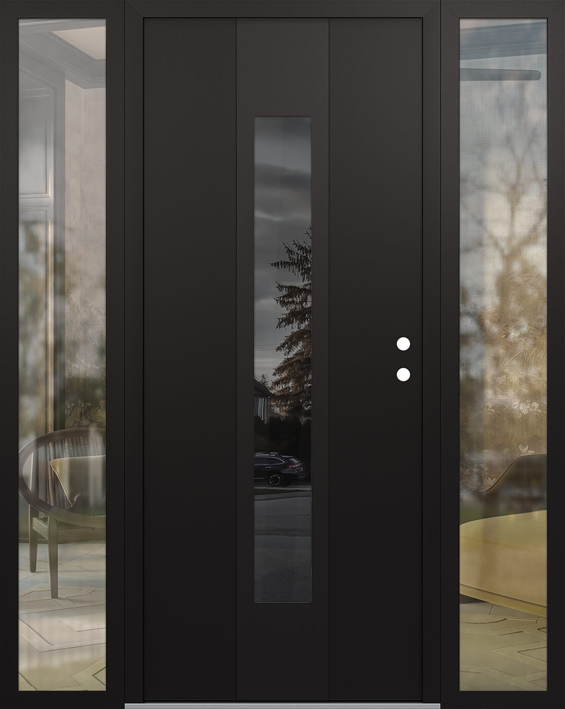 Modern Steel Front Door DIAMOND A1 68" X 80" BLACK/BLACK MIRRORED GLASS PANEL BLACK LHI WITH 2 SIDELITES CLEAR GLASS