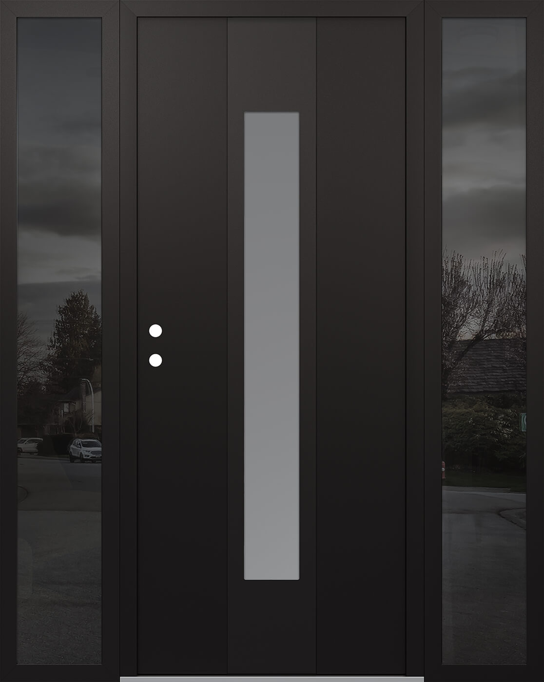 Modern Steel Front Door DIAMOND A1 68" X 80" BLACK/WHITE FROSTED GLASS PANEL BLACK RHI WITH 2 SIDELITES MIRRORED GLASS