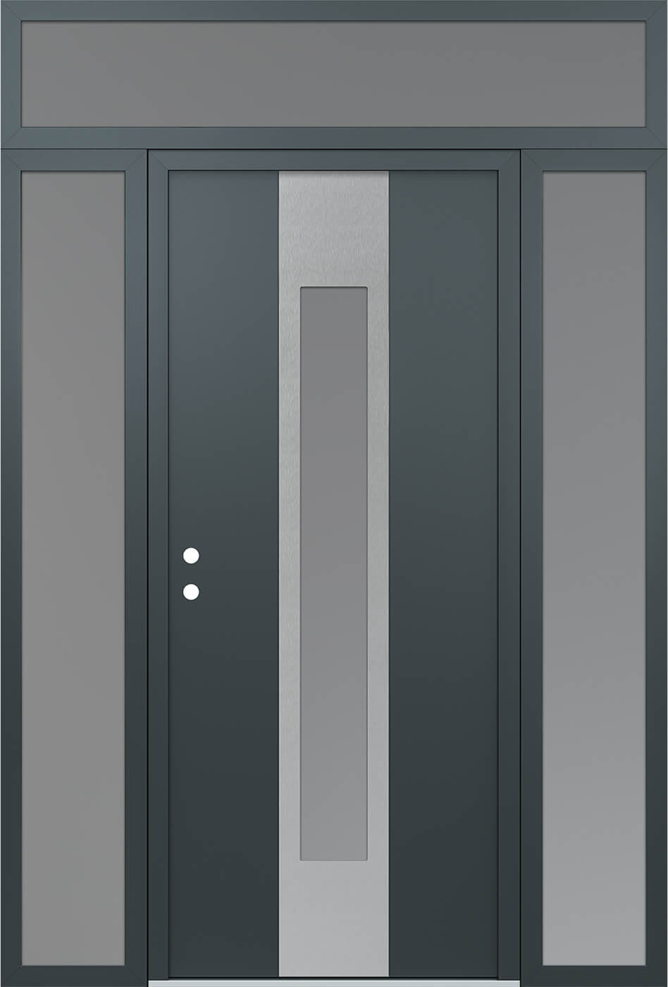 Modern Steel Front Door DIAMOND A1 68" X 96" ANTHRACITE/ANTHRACITE FROSTED GLASS PANEL STAINLESS STEEL RHI WITH 2 SIDELITES AND TRANSOM FROSTED GLASS