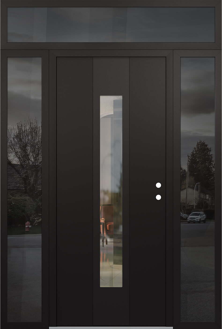 DIAMOND A1 68" X 96" BLACK/BLACK CLEAR GLASS PANEL BLACK LHI WITH 2 SIDELITES AND TRANSOM MIRRORED GLASS