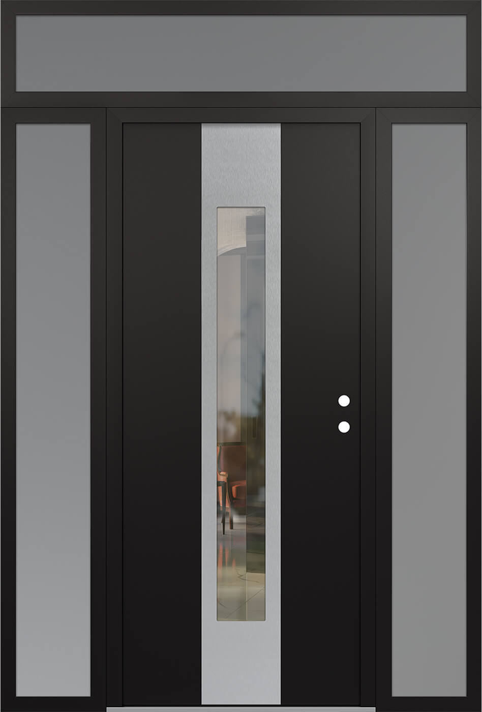 Modern Steel Front Door DIAMOND A1 68" X 96" BLACK/BLACK CLEAR GLASS PANEL STAINLESS STEEL LHI WITH 2 SIDELITES AND TRANSOM FROSTED GLASS