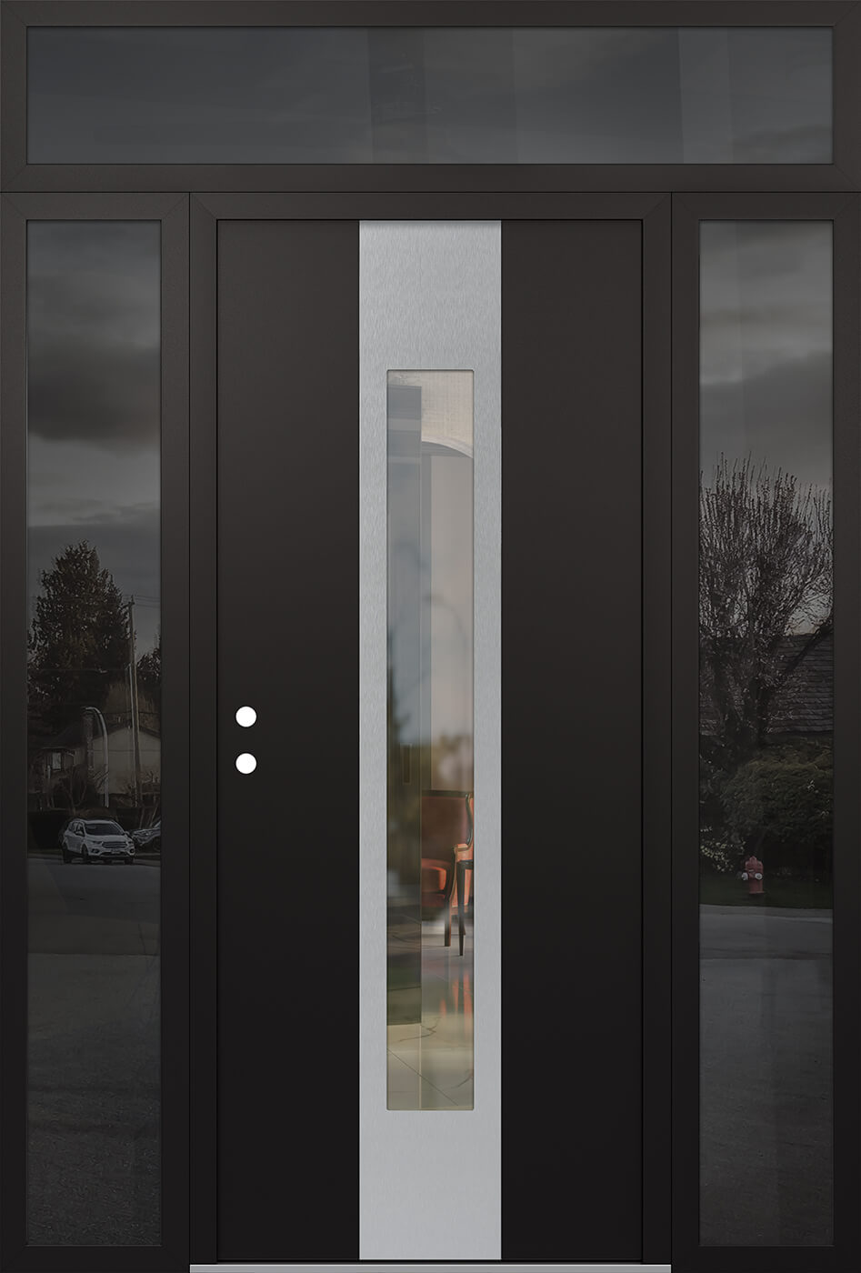 Modern Steel Front Door DIAMOND A1 68" X 96" BLACK/BLACK CLEAR GLASS PANEL STAINLESS STEEL RHI WITH 2 SIDELITES AND TRANSOM MIRRORED GLASS