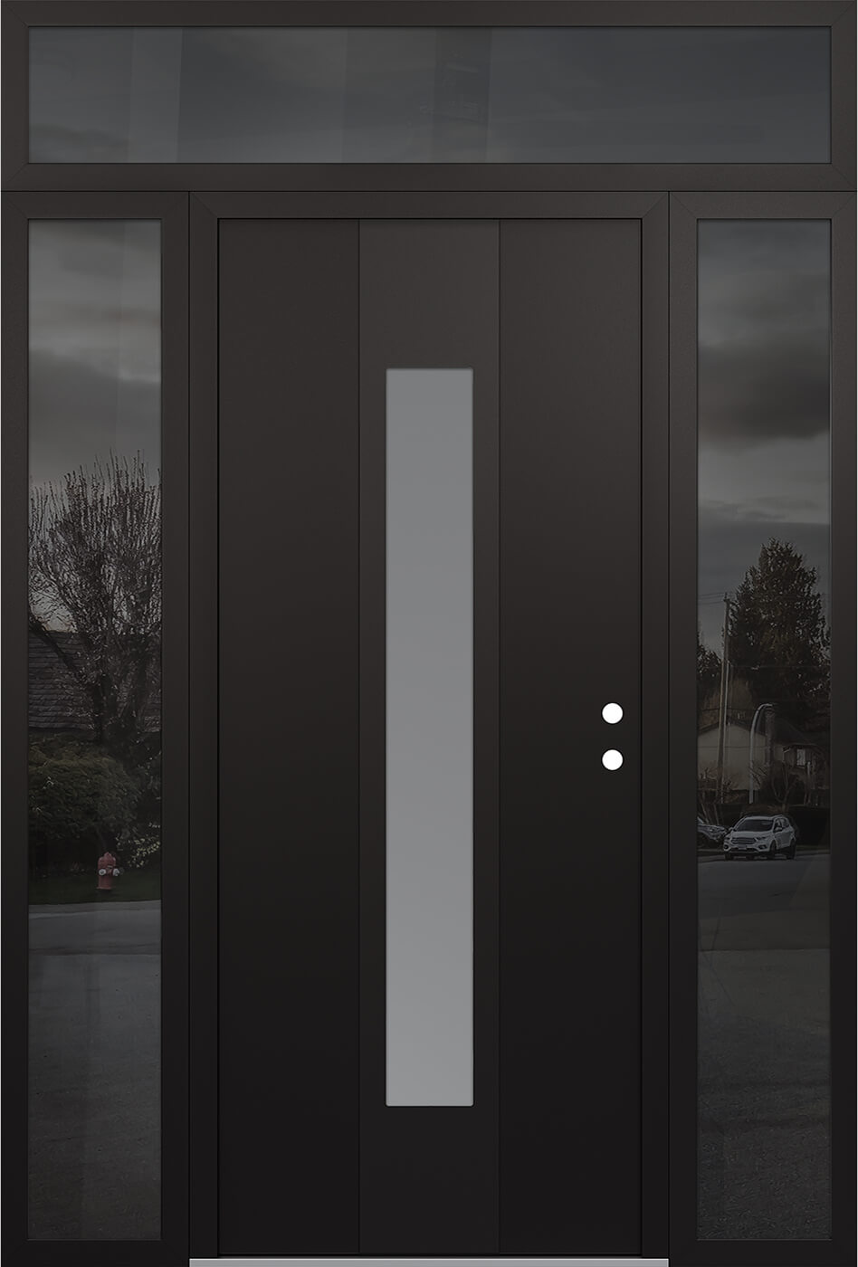 Modern Steel Front Door DIAMOND A1 68" X 96" BLACK/WHITE FROSTED GLASS PANEL BLACK LHI WITH 2 SIDELITES AND TRANSOM MIRRORED GLASS