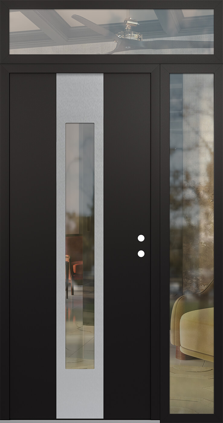 Modern Steel Front Door DIAMOND A1 48" X 96" BLACK/BLACK CLEAR GLASS PANEL STAINLESS STEEL LHI WITH SIDELITE AND TRANSOM FROSTED GLASS