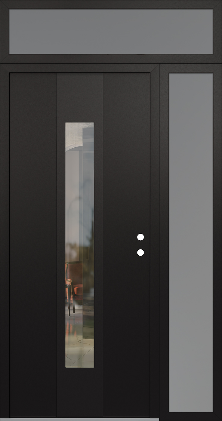 Modern Steel Front Door DIAMOND A1 52" X 96" BLACK/BLACK CLEAR GLASS PANEL BLACK LHI WITH SIDELITE AND TRANSOM CLEAR GLASS