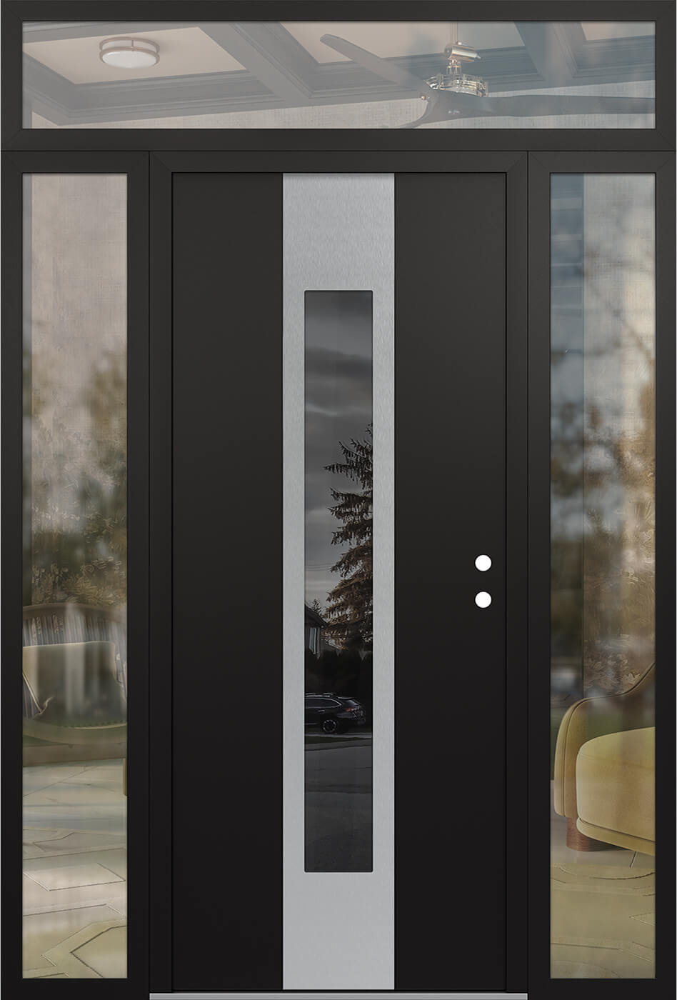 MODERN STEEL FRONT DOOR DIAMOND A1 60" X 96" BLACK/BLACK MIRRORED GLASS PANEL STAINLESS STEEL LHI WITH 2 SIDELITES AND TRANSOM MIRRORED GLASS