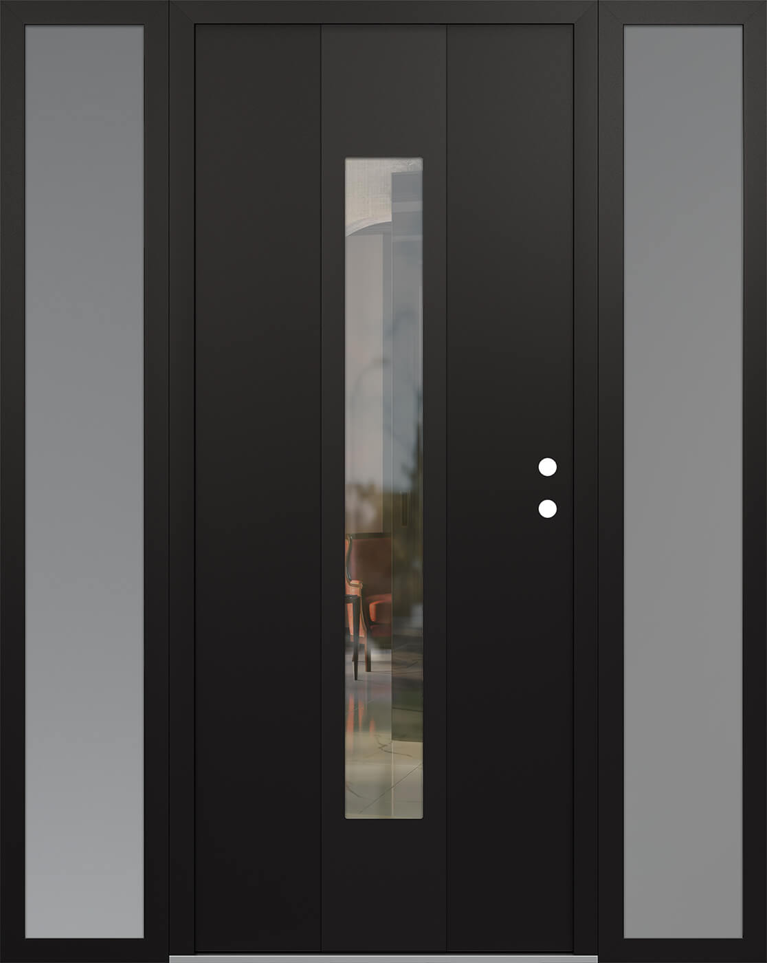 Modern Steel Front Door DIAMOND A1 64" X 80" BLACK/BLACK CLEAR GLASS PANEL BLACK LHI WITH 2 SIDELITES FROSTED GLASS