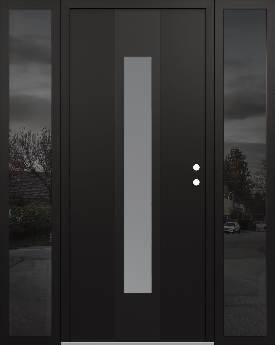 MODERN STEEL FRONT DOOR DIAMOND A1 68" X 80" BLACK/WHITE FROSTED GLASS PANEL BLACK LHI WITH 2 SIDELITES FROSTED GLASS