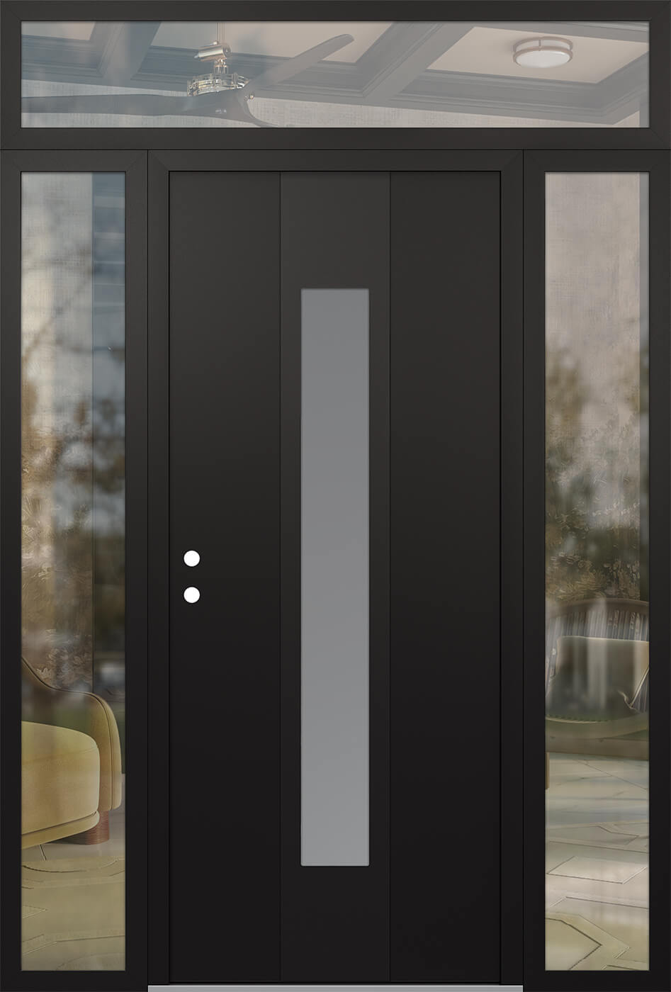 MODERN STEEL FRONT DOOR DIAMOND A1 68" X 96" BLACK/WHITE FROSTED GLASS PANEL BLACK RHI WITH 2 SIDELITES AND TRANSOM FROSTED GLASS