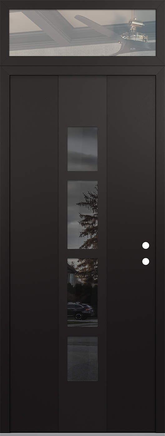 Modern Steel Front Door DIAMOND A10 36" X 96" BLACK/BLACK MIRRORED GLASS PANEL BLACK LHI WITH TRANSOM CLEAR GLASS