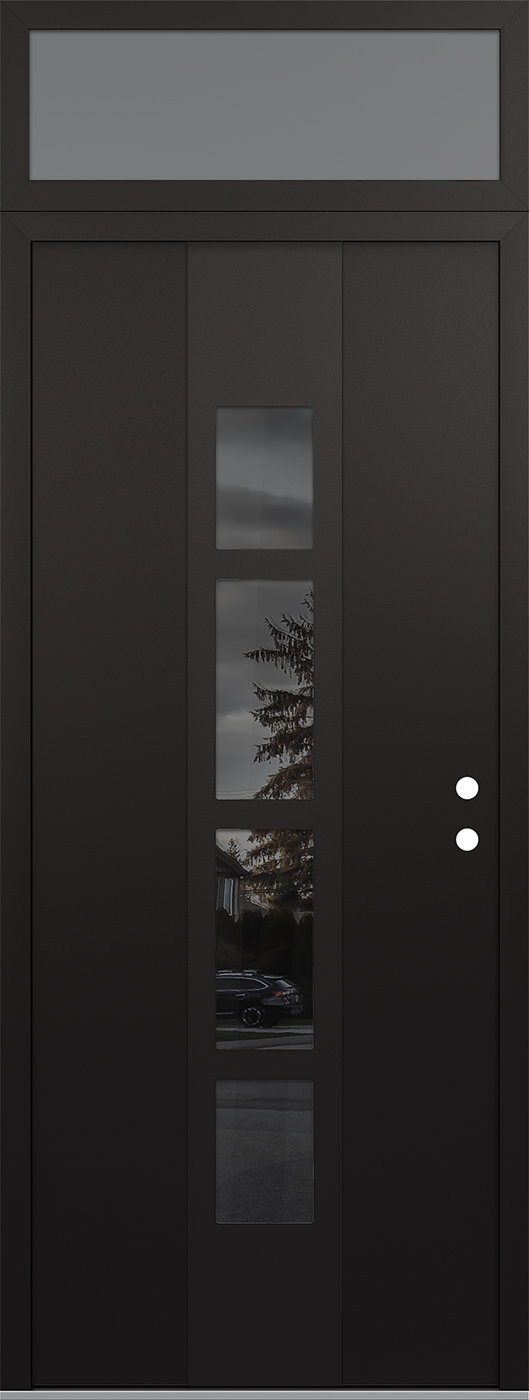 Modern Steel Front Door DIAMOND A10 36" X 96" BLACK/BLACK MIRRORED GLASS PANEL BLACK LHI WITH TRANSOM FROSTED GLASS