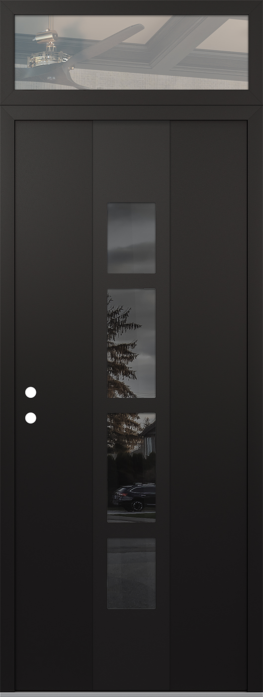 Modern Steel Front Door DIAMOND A10 36" X 96" BLACK/BLACK MIRRORED GLASS PANEL BLACK RHI WITH TRANSOM CLEAR GLASS