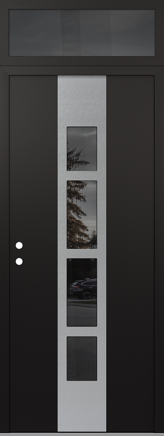 Modern Steel Front Door DIAMOND A10 36" X 96" BLACK/BLACK MIRRORED GLASS PANEL STAINLESS STEEL RHI WITH TRANSOM MIRRORED GLASS