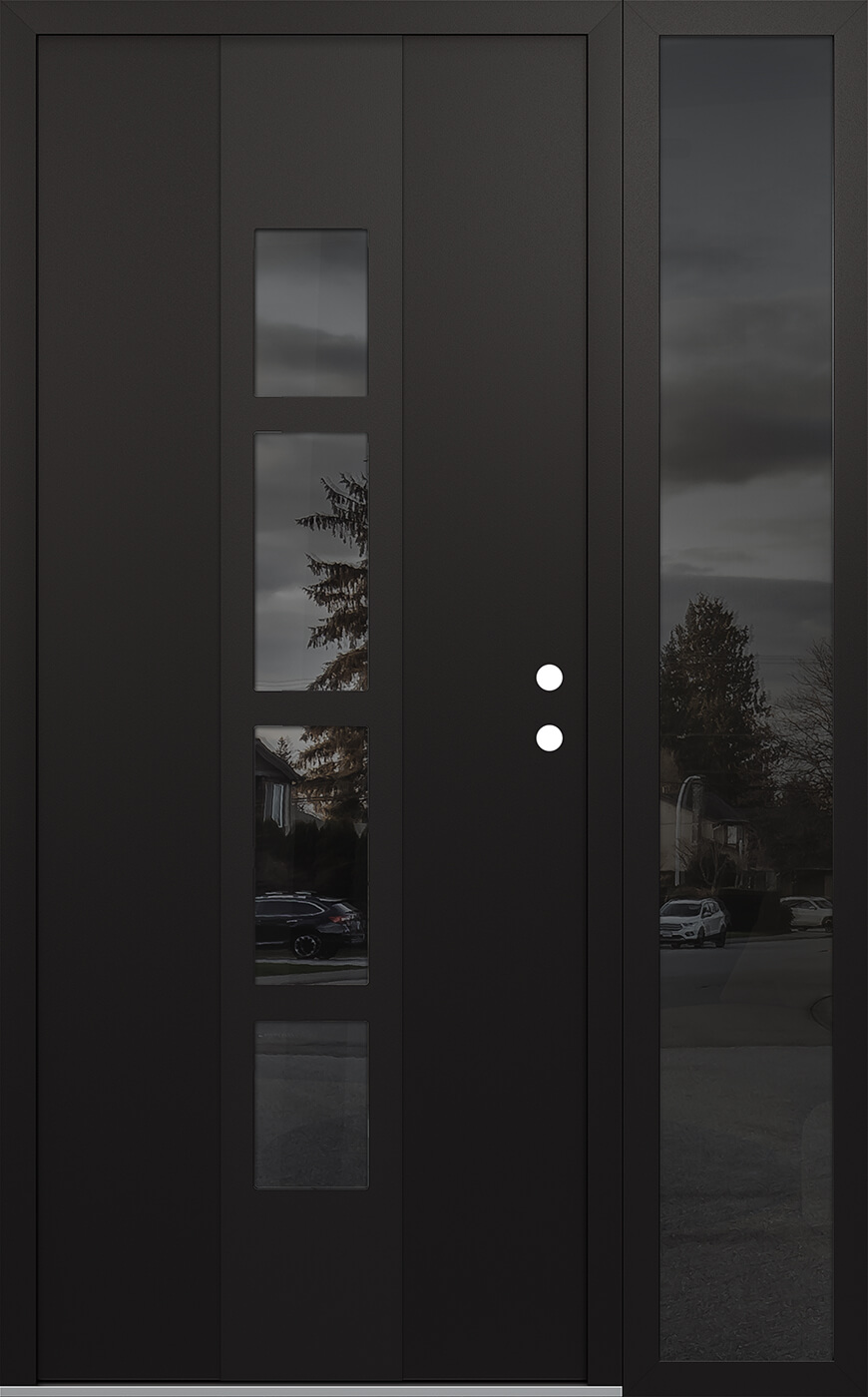 Modern Steel Front Door DIAMOND A10 48" X 80" BLACK/BLACK MIRRORED GLASS PANEL BLACK LHI WITH SIDELITE MIRRORED GLASS