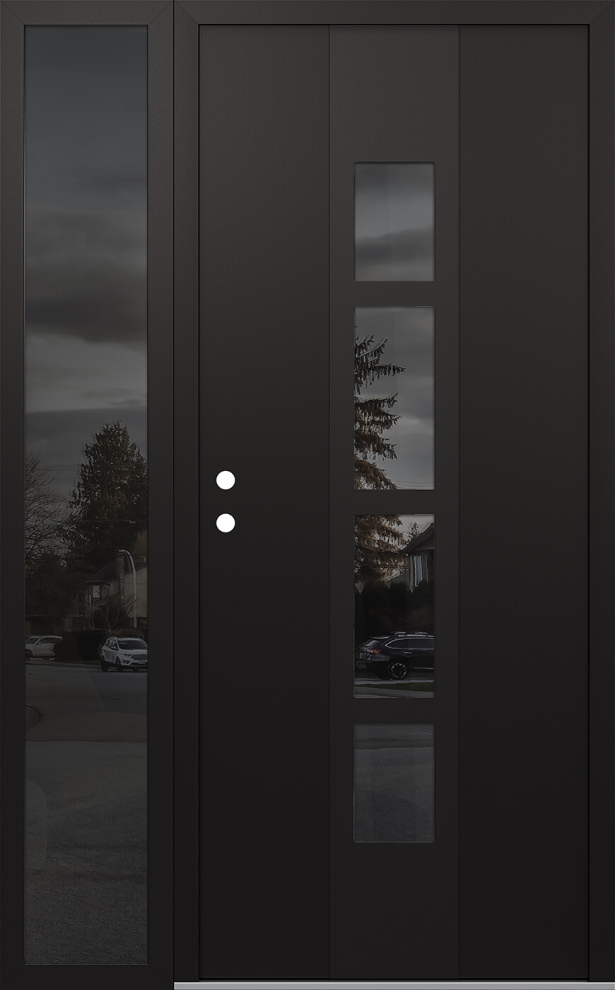 Modern Steel Front Door DIAMOND A10 48" X 80" BLACK/BLACK MIRRORED GLASS PANEL BLACK RHI WITH SIDELITE MIRRORED GLASS