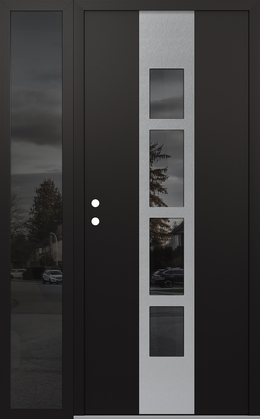 Modern Steel Front Door DIAMOND A10 48" X 80" BLACK/BLACK MIRRORED GLASS PANEL STAINLESS STEEL RHI WITH SIDELITE MIRRORED GLASS