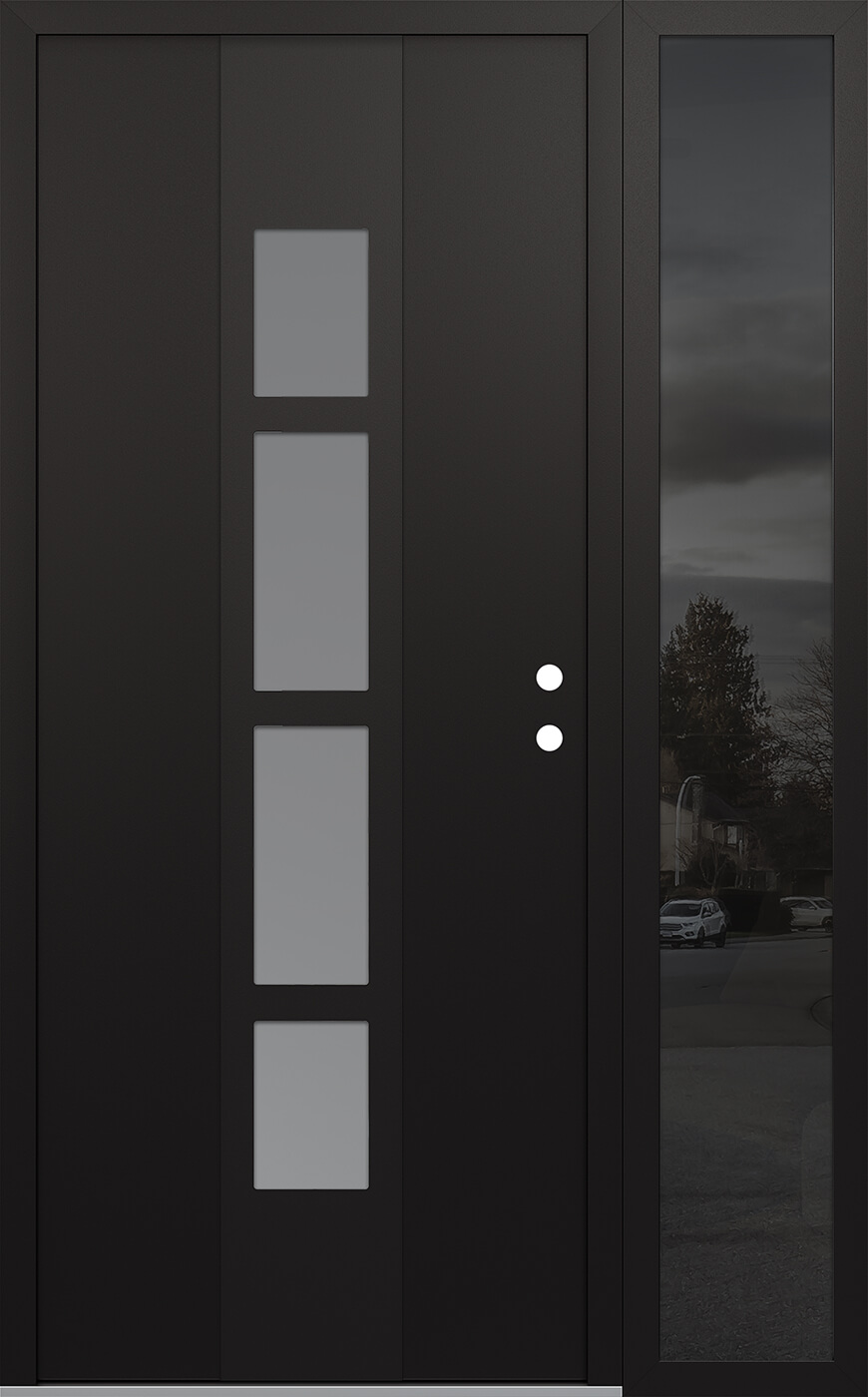 Modern Steel Front Door DIAMOND A10 48" X 80" BLACK/WHITE FROSTED GLASS PANEL BLACK LHI WITH SIDELITE MIRRORED GLASS