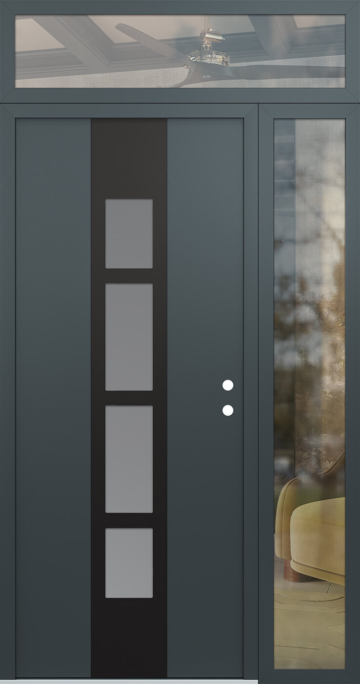Modern Steel Front Door DIAMOND A10 48" X 96" ANTHRACITE/ANTHRACITE FROSTED GLASS PANEL BLACK LHI WITH SIDELITE AND TRANSOM CLEAR GLASS
