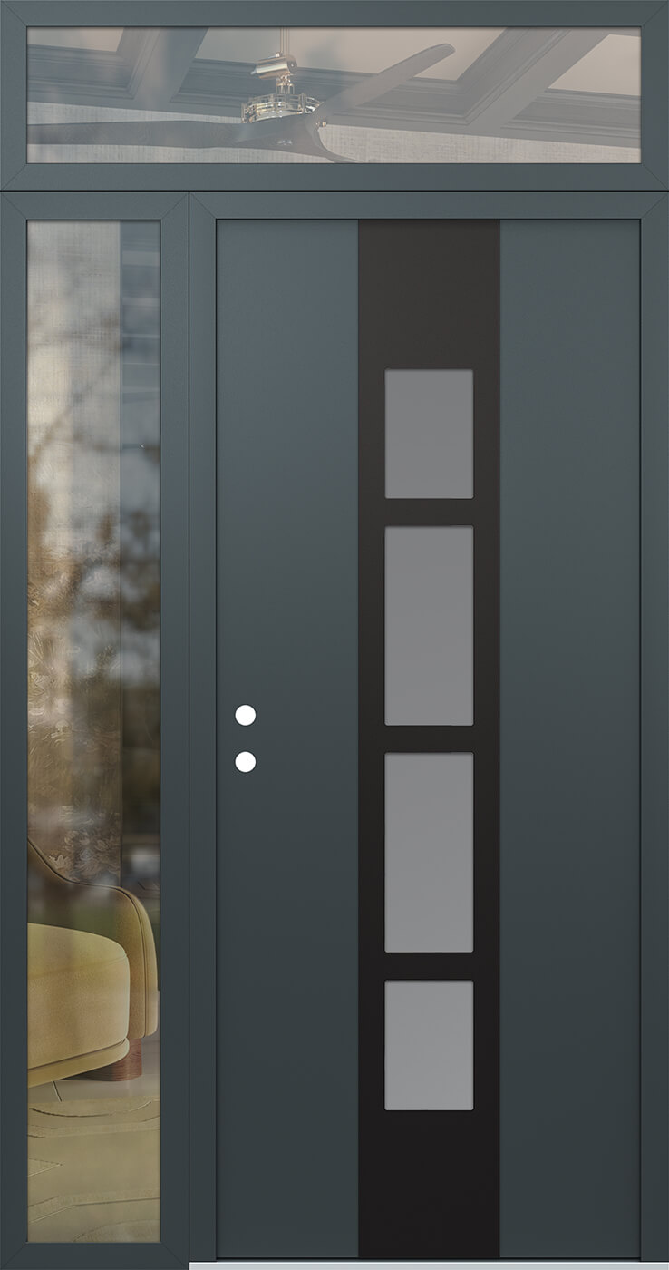 Modern Steel Front Door DIAMOND A10 48" X 96" ANTHRACITE/ANTHRACITE FROSTED GLASS PANEL BLACK RHI WITH SIDELITE AND TRANSOM CLEAR GLASS