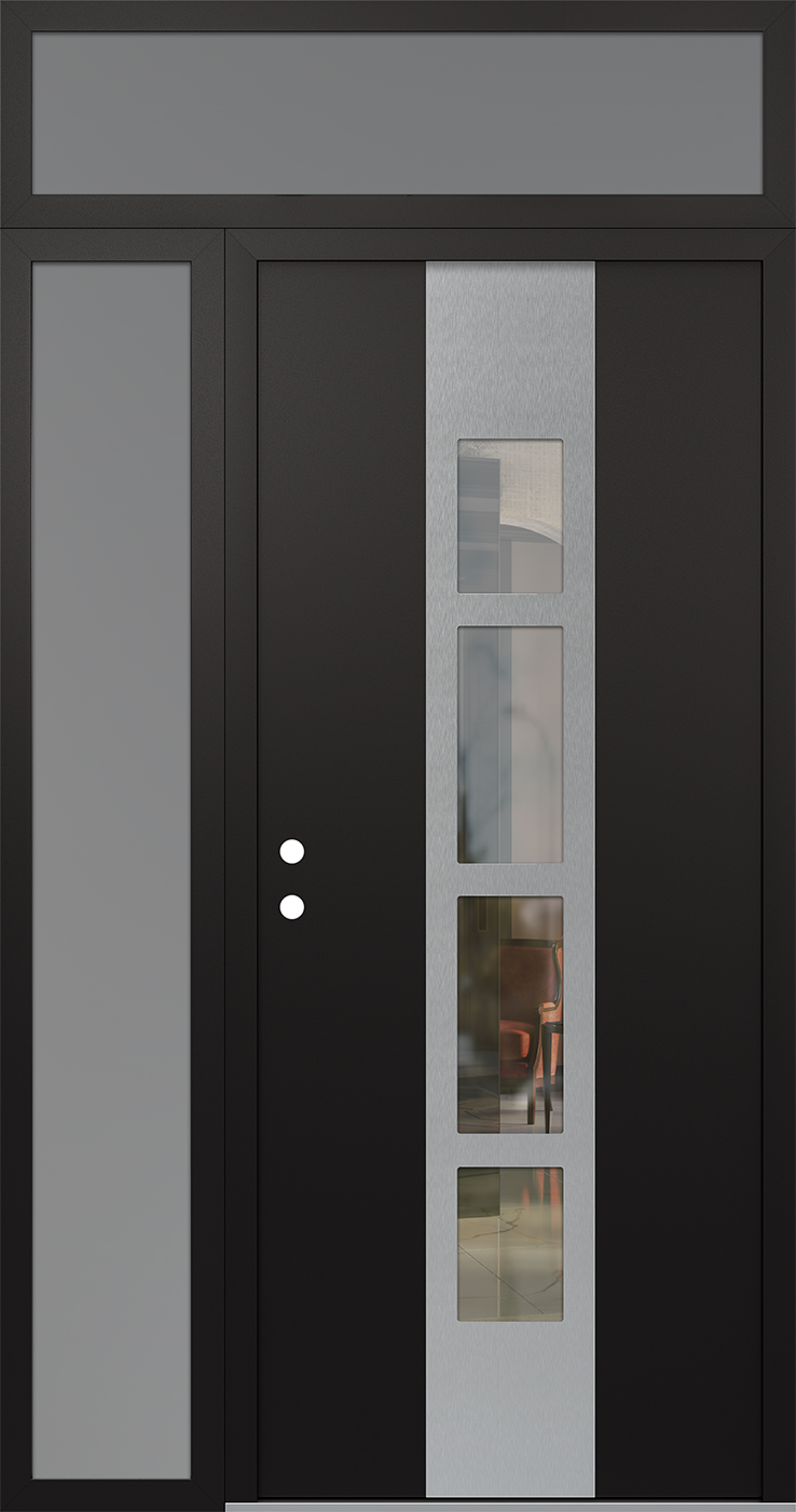 Modern Steel Front Door DIAMOND A10 48" X 96" BLACK/BLACK CLEAR GLASS PANEL STAINLESS STEEL RHI WITH SIDELITE AND TRANSOM FROSTED GLASS