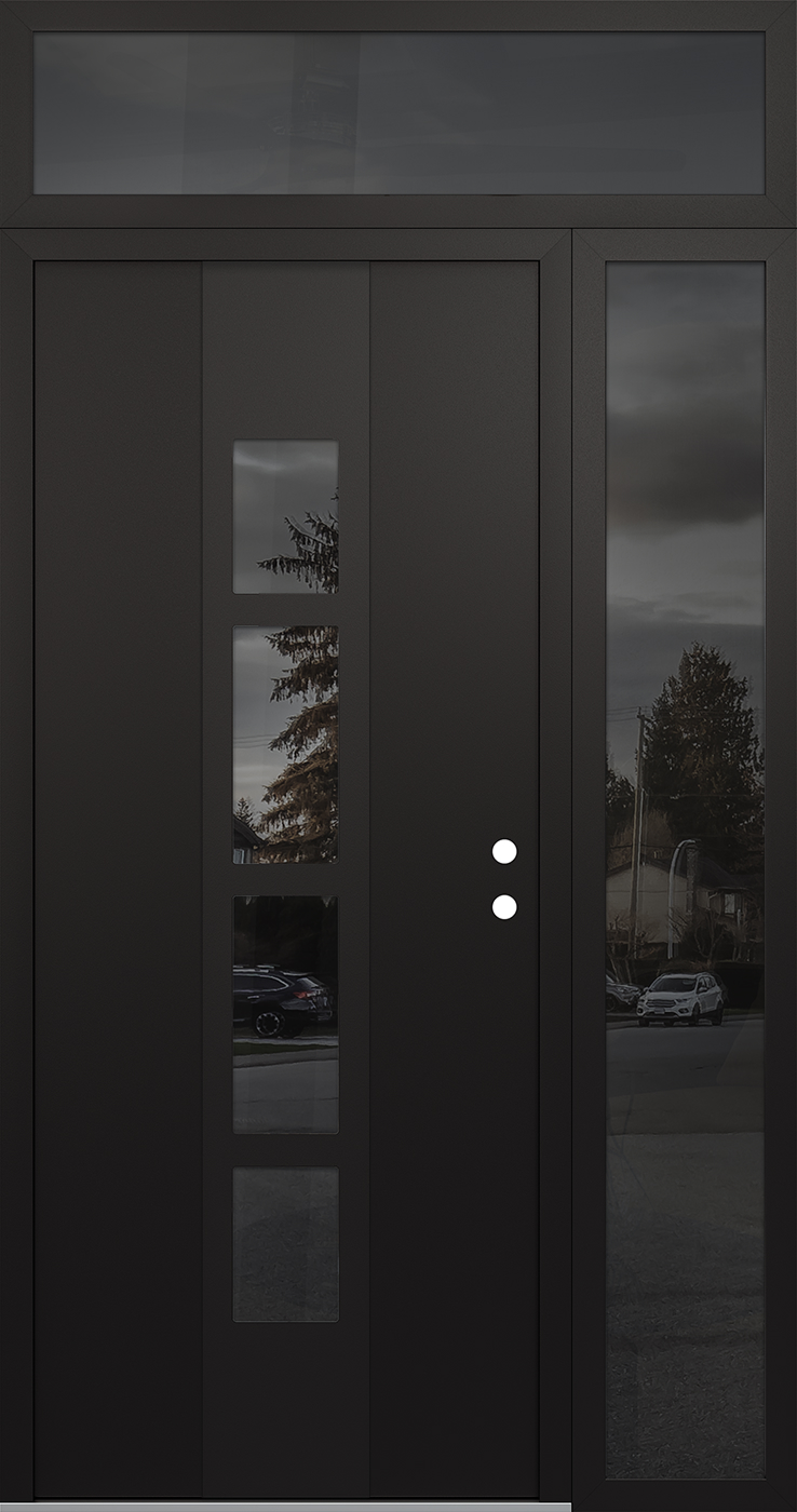 Modern Steel Front Door DIAMOND A10 48" X 96" BLACK/BLACK MIRRORED GLASS PANEL BLACK LHI WITH SIDELITE AND TRANSOM MIRRORED GLASS