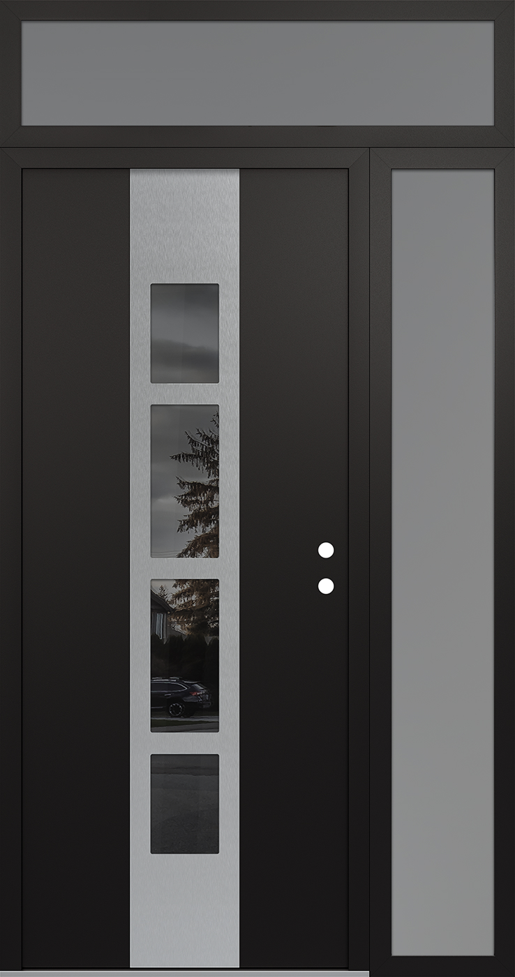 Modern Steel Front Door DIAMOND A10 48" X 96" BLACK/BLACK MIRRORED GLASS PANEL STAINLESS STEEL LHI WITH SIDELITE AND TRANSOM FROSTED GLASS
