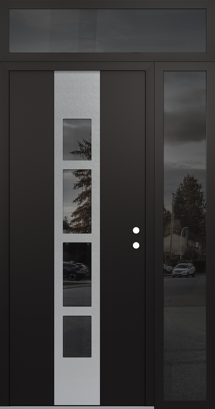 Modern Steel Front Door DIAMOND A10 48" X 96" BLACK/BLACK MIRRORED GLASS PANEL STAINLESS STEEL LHI WITH SIDELITE AND TRANSOM MIRRORED GLASS