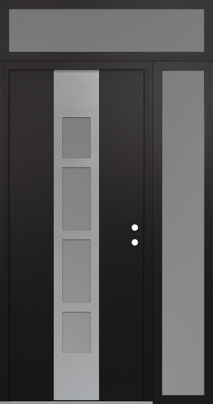 Modern Steel Front Door DIAMOND A10 48" X 96" BLACK/WHITE FROSTED GLASS PANEL STAINLESS STEEL LHI WITH SIDELITE AND TRANSOM FROSTED GLASS