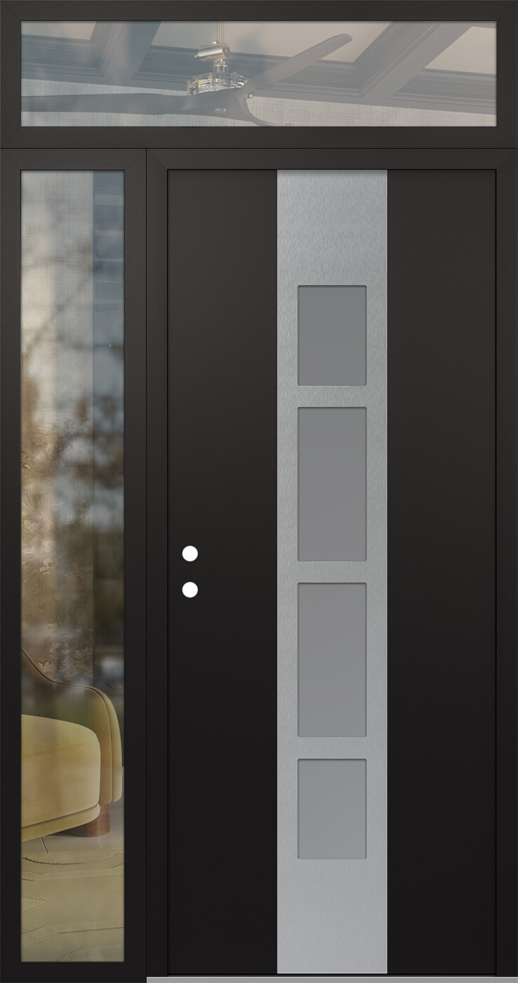 Modern Steel Front Door DIAMOND A10 48" X 96" BLACK/WHITE FROSTED GLASS PANEL STAINLESS STEEL RHI WITH SIDELITE AND TRANSOM CLEAR GLASS