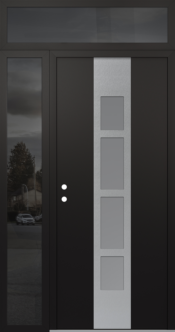 Modern Steel Front Door DIAMOND A10 48" X 96" BLACK/WHITE FROSTED GLASS PANEL STAINLESS STEEL RHI WITH SIDELITE AND TRANSOM MIRRORED GLASS