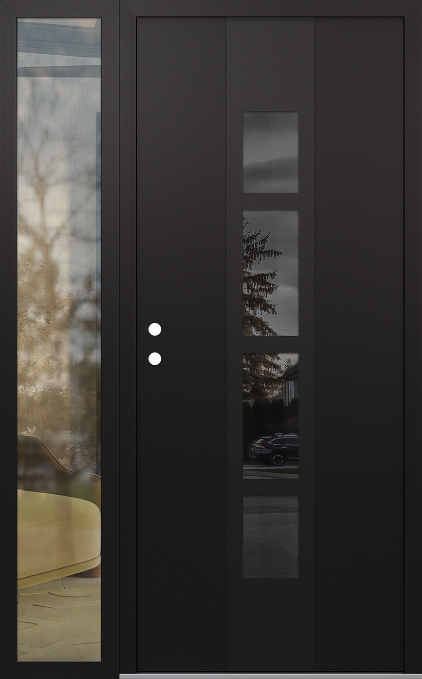 Modern Steel Front Door DIAMOND A10 50" X 80" BLACK/BLACK MIRRORED GLASS PANEL BLACK RHI WITH SIDELITE CLEAR GLASS