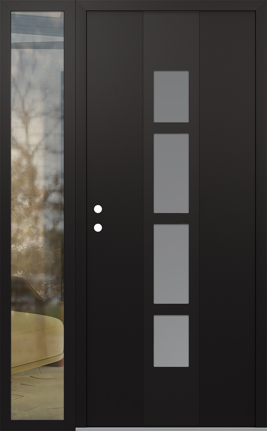 Modern Steel Front Door DIAMOND A10 50" X 80" BLACK/WHITE FROSTED GLASS PANEL BLACK RHI WITH SIDELITE CLEAR GLASS