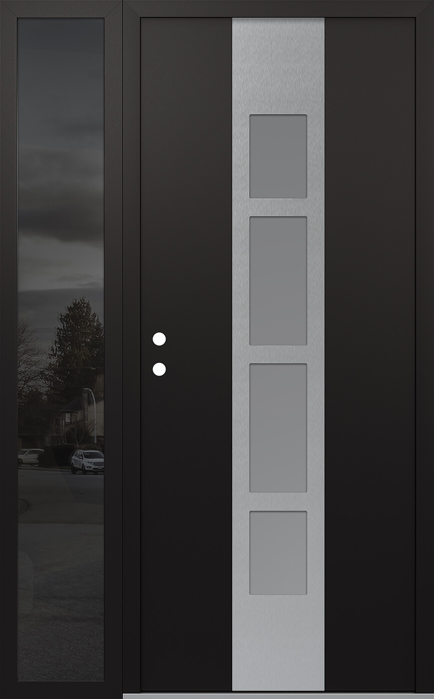 Modern Steel Front Door DIAMOND A10 50" X 80" BLACK/WHITE FROSTED GLASS PANEL STAINLESS STEEL RHI WITH SIDELITE MIRRORED GLASS