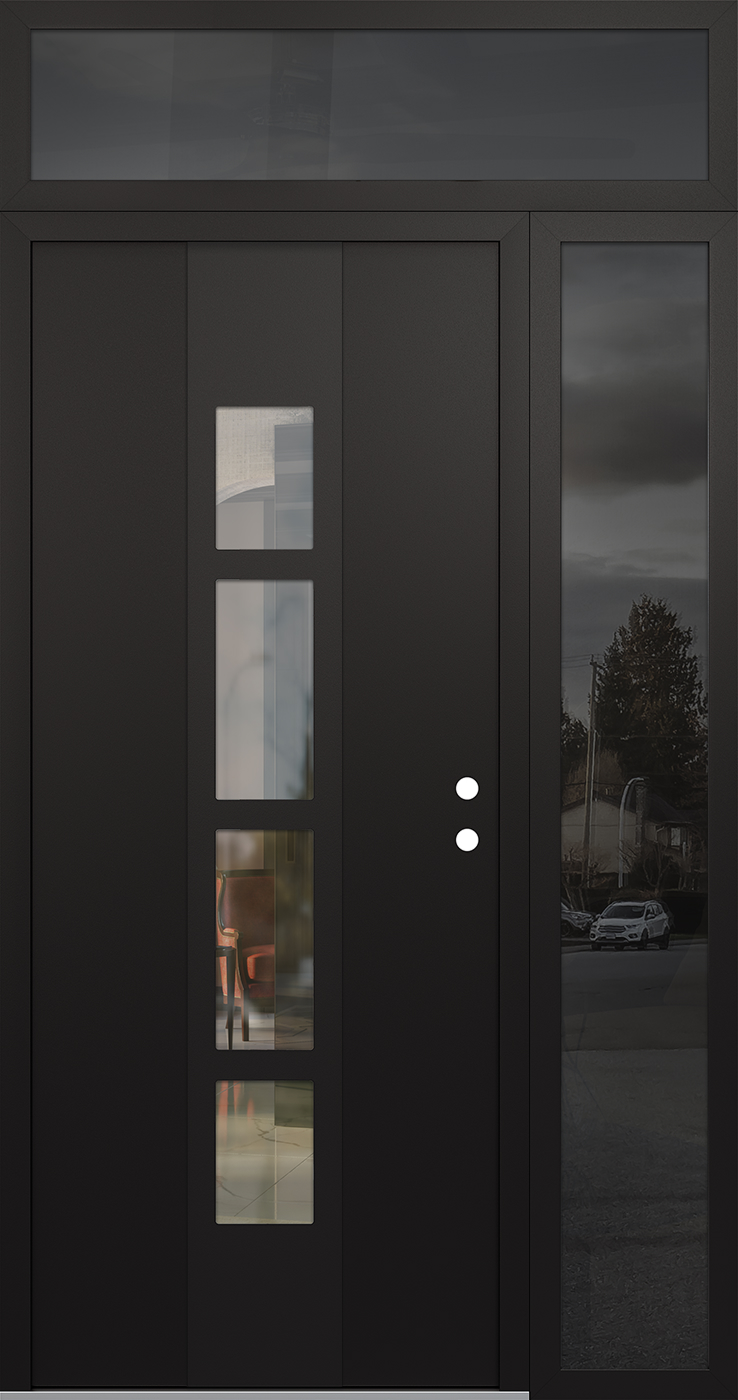 Modern Steel Front Door DIAMOND A10 50" X 96" BLACK/BLACK CLEAR GLASS PANEL BLACK LHI WITH SIDELITE AND TRANSOM MIRRORED GLASS