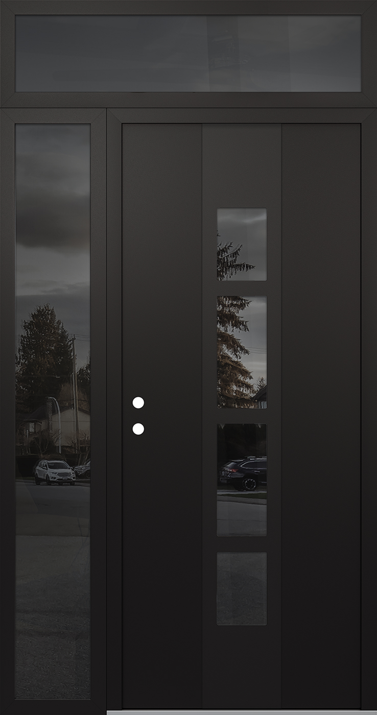Modern Steel Front Door DIAMOND A10 50" X 96" BLACK/BLACK MIRRORED GLASS PANEL BLACK RHI WITH SIDELITE AND TRANSOM MIRRORED GLASS