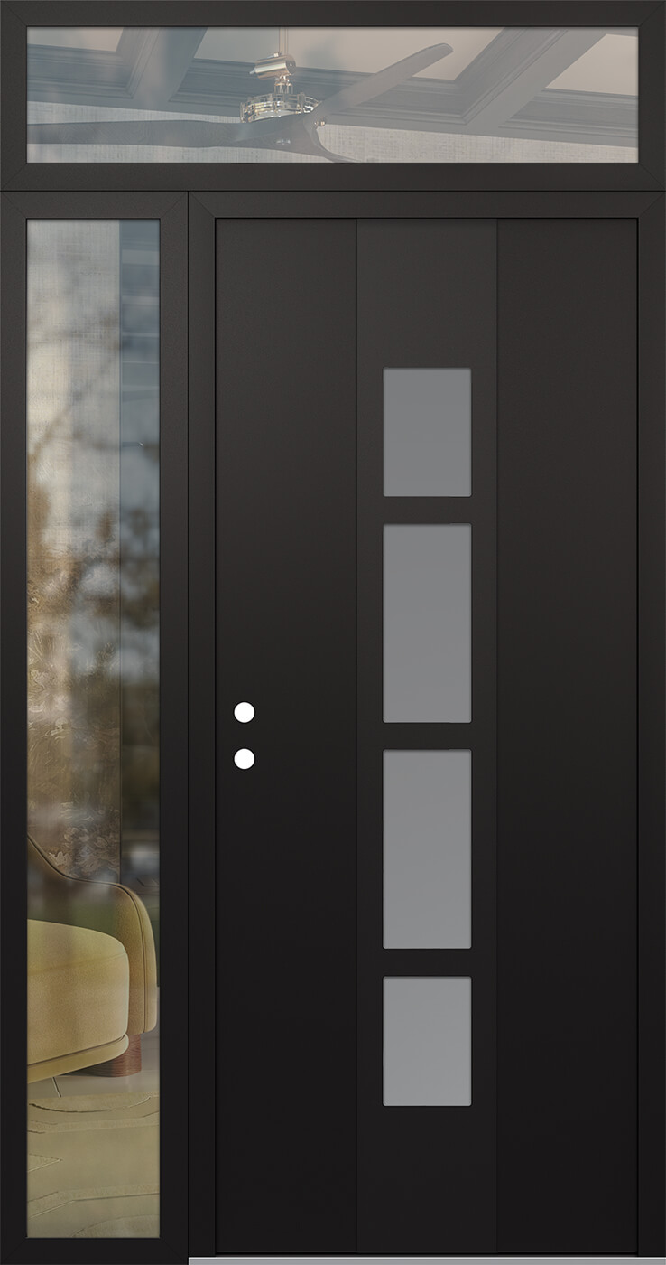 Modern Steel Front Door DIAMOND A10 50" X 96" BLACK/WHITE FROSTED GLASS PANEL BLACK RHI WITH SIDELITE AND TRANSOM CLEAR GLASS