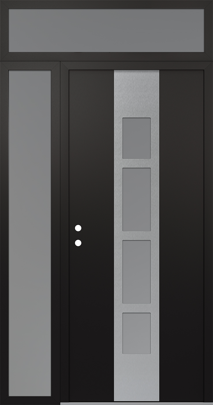 Modern Steel Front Door DIAMOND A10 50" X 96" BLACK/WHITE FROSTED GLASS PANEL STAINLESS STEEL RHI WITH SIDELITE AND TRANSOM FROSTED GLASS