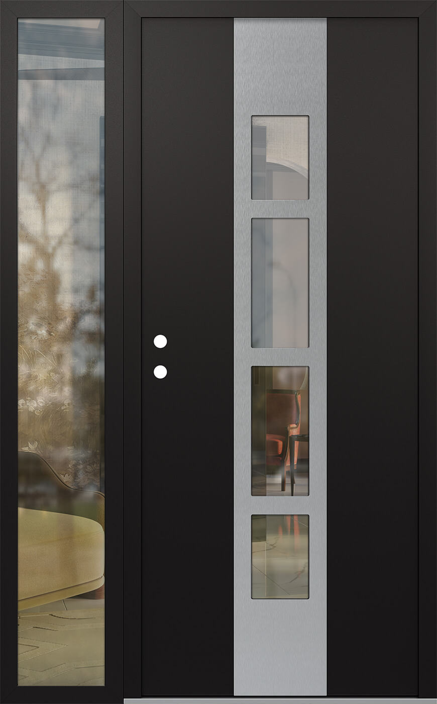 Modern Steel Front Door DIAMOND A10 52" X 80" BLACK/BLACK CLEAR GLASS PANEL STAINLESS STEEL RHI WITH SIDELITE CLEAR GLASS