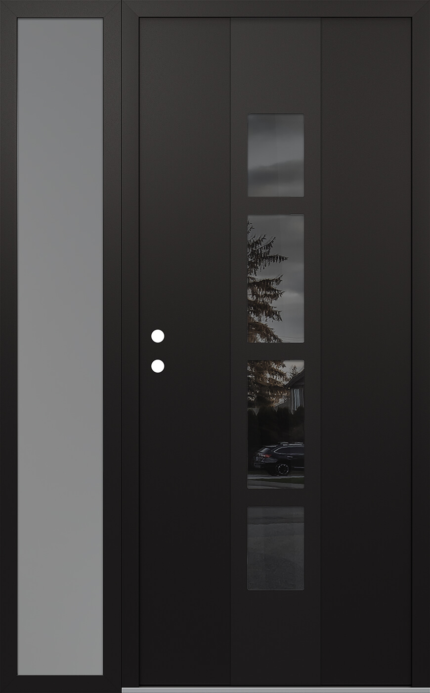 Modern Steel Front Door DIAMOND A10 52" X 80" BLACK/BLACK MIRRORED GLASS PANEL BLACK RHI WITH SIDELITE FROSTED GLASS