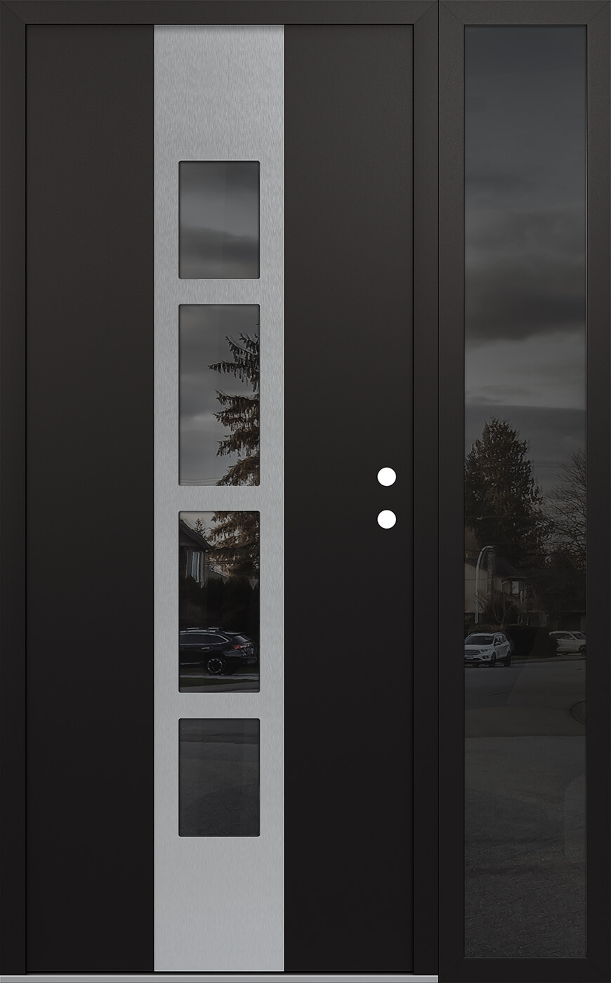 Modern Steel Front Door DIAMOND A10 52" X 80" BLACK/BLACK MIRRORED GLASS PANEL STAINLESS STEEL LHI WITH SIDELITE MIRRORED GLASS