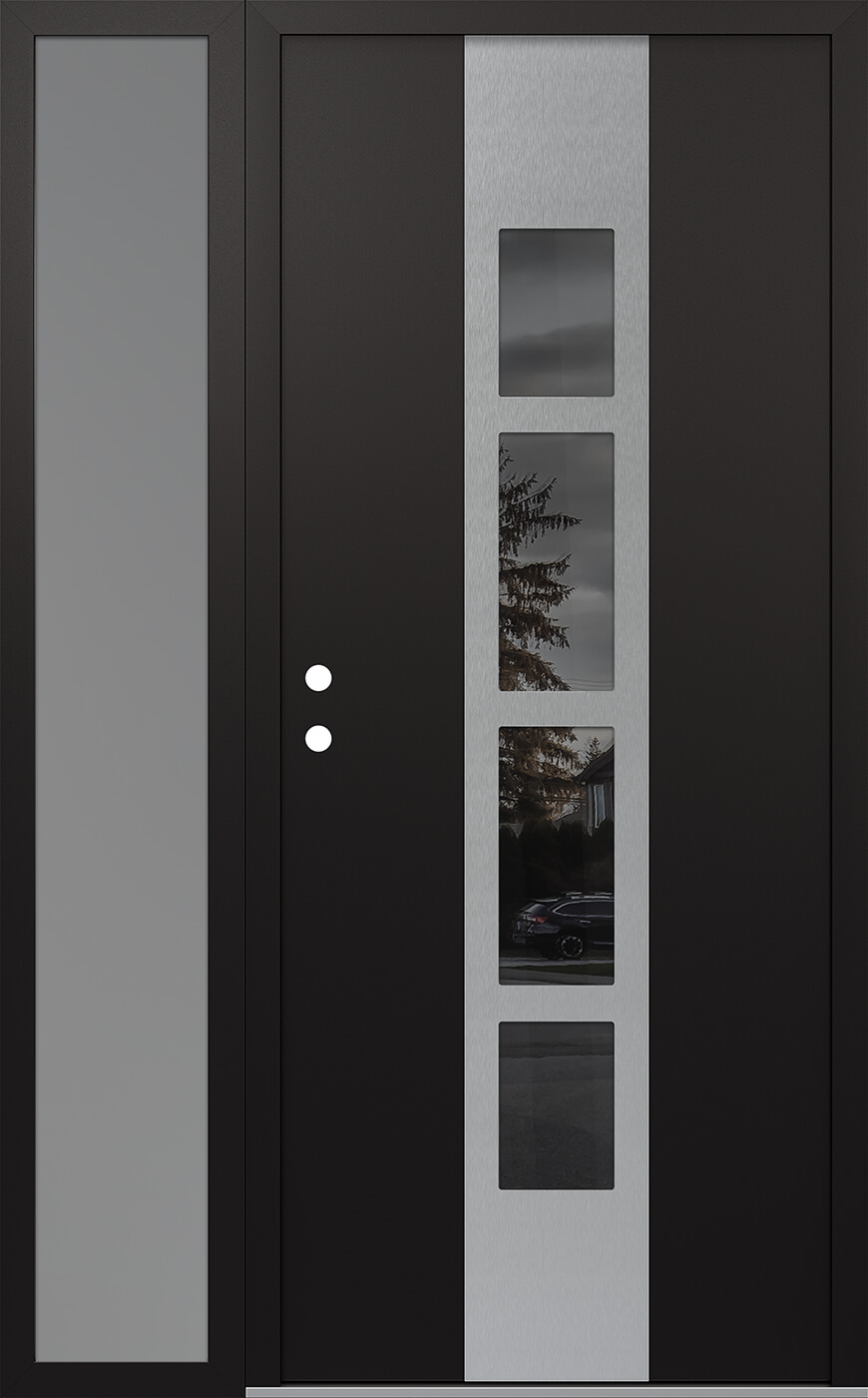 Modern Steel Front Door DIAMOND A10 52" X 80" BLACK/BLACK MIRRORED GLASS PANEL STAINLESS STEEL RHI WITH SIDELITE FROSTED GLASS