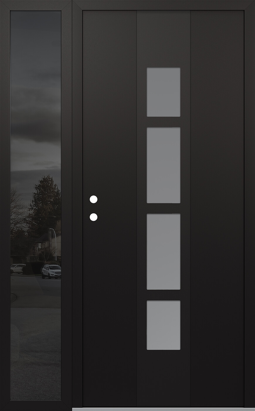 Modern Steel Front Door DIAMOND A10 52" X 80" BLACK/WHITE FROSTED GLASS PANEL BLACK RHI WITH SIDELITE MIRRORED GLASS