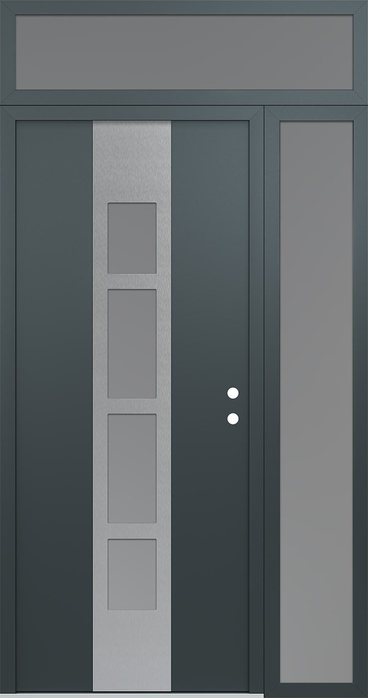 Modern Steel Front Door DIAMOND A10 52" X 96" ANTHRACITE/ANTHRACITE FROSTED GLASS PANEL STAINLESS STEEL LHI WITH SIDELITE AND TRANSOM FROSTED GLASS