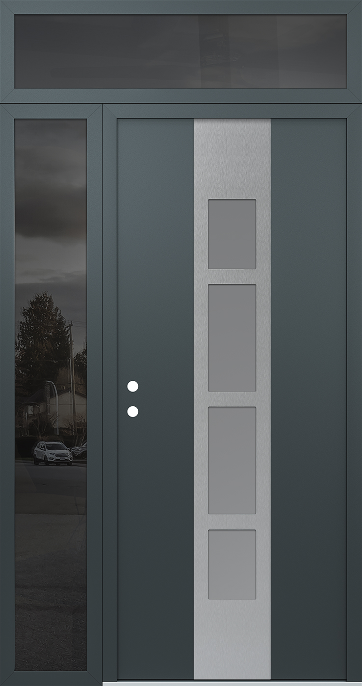 Modern Steel Front Door DIAMOND A10 52" X 96" ANTHRACITE/ANTHRACITE FROSTED GLASS PANEL STAINLESS STEEL RHI WITH SIDELITE AND TRANSOM MIRRORED GLASS