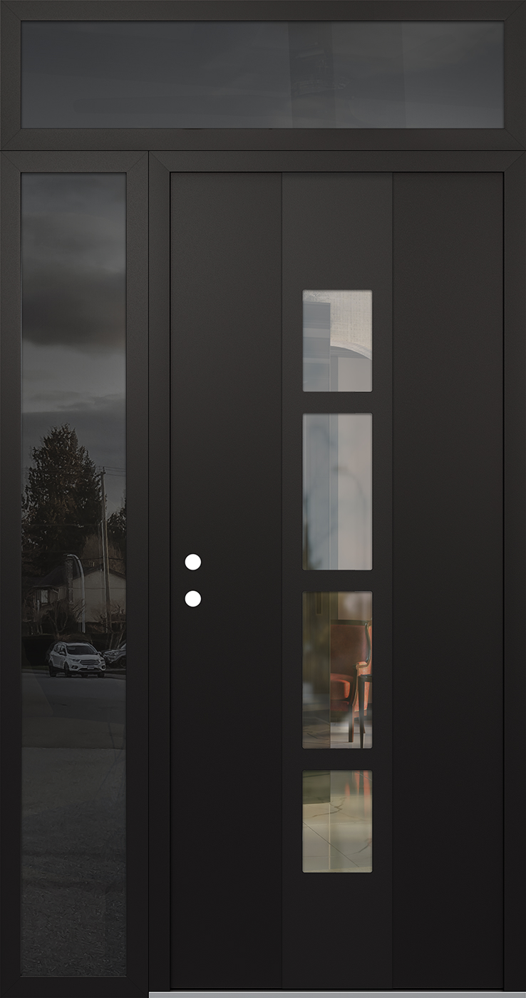 Modern Steel Front Door DIAMOND A10 52" X 96" BLACK/BLACK CLEAR GLASS PANEL BLACK RHI WITH SIDELITE AND TRANSOM MIRRORED GLASS