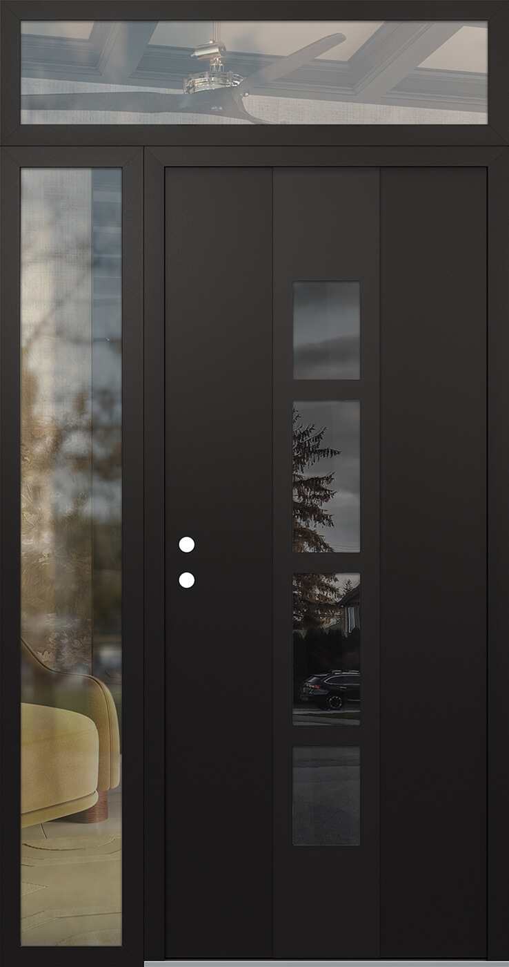 Modern Steel Front Door DIAMOND A10 52" X 96" BLACK/BLACK MIRRORED GLASS PANEL BLACK RHI WITH SIDELITE AND TRANSOM CLEAR GLASS