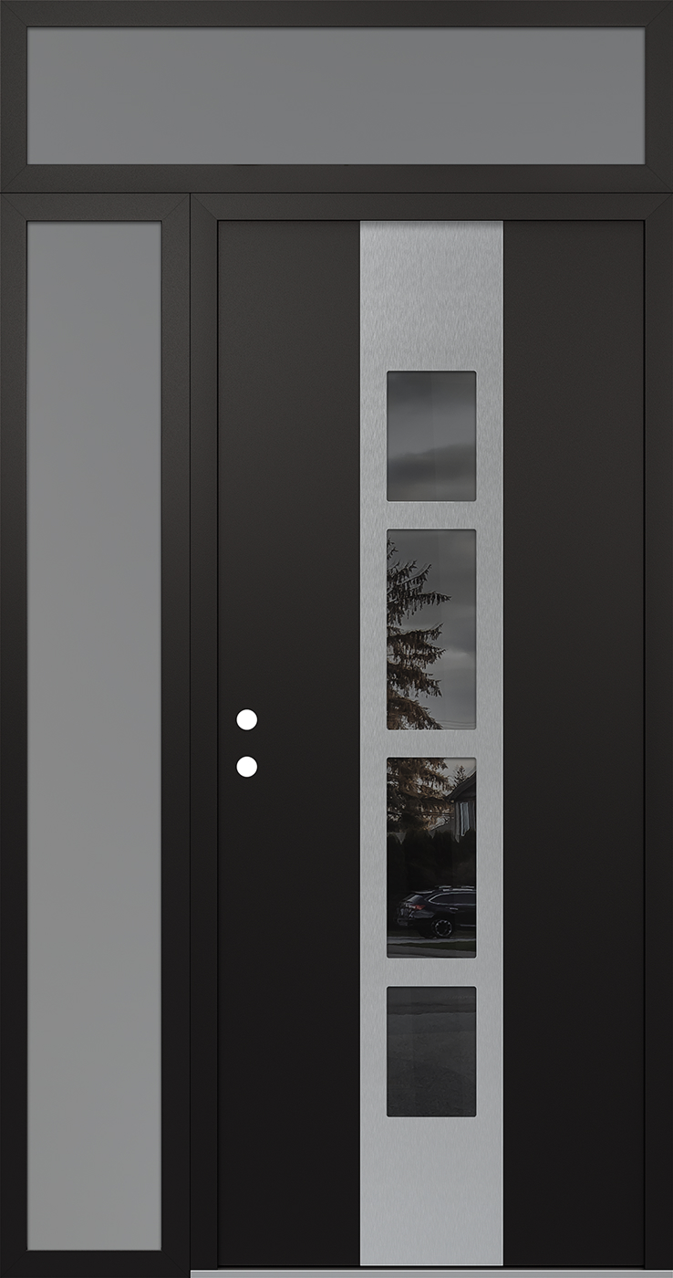 Modern Steel Front Door DIAMOND A10 52" X 96" BLACK/BLACK MIRRORED GLASS PANEL STAINLESS STEEL RHI WITH SIDELITE AND TRANSOM FROSTED GLASS