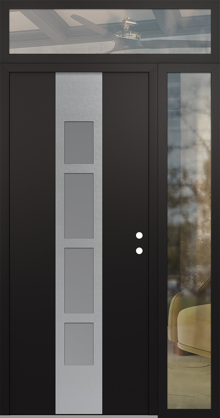 Modern Steel Front Door DIAMOND A10 52" X 96" BLACK/WHITE FROSTED GLASS PANEL STAINLESS STEEL LHI WITH SIDELITE AND TRANSOM CLEAR GLASS